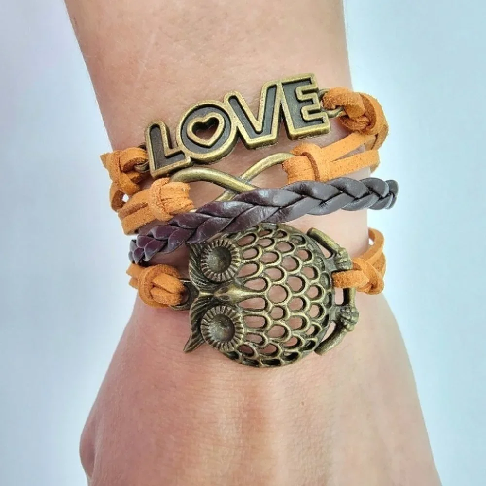 3/$20 Infinity Love Owl Charm Stack Bracelet Tan Brown Adjustable Jewelry Boho